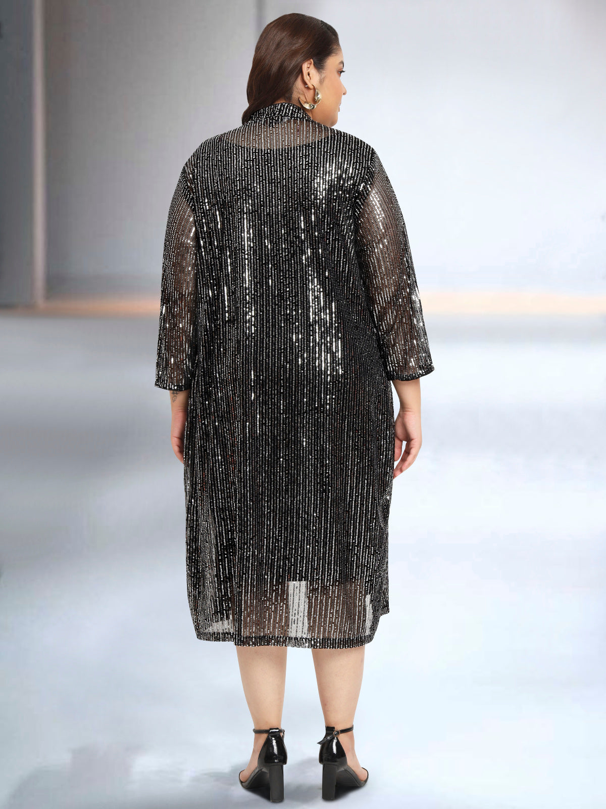 Silver Black Sequin Plus Size Shrug Dress Set