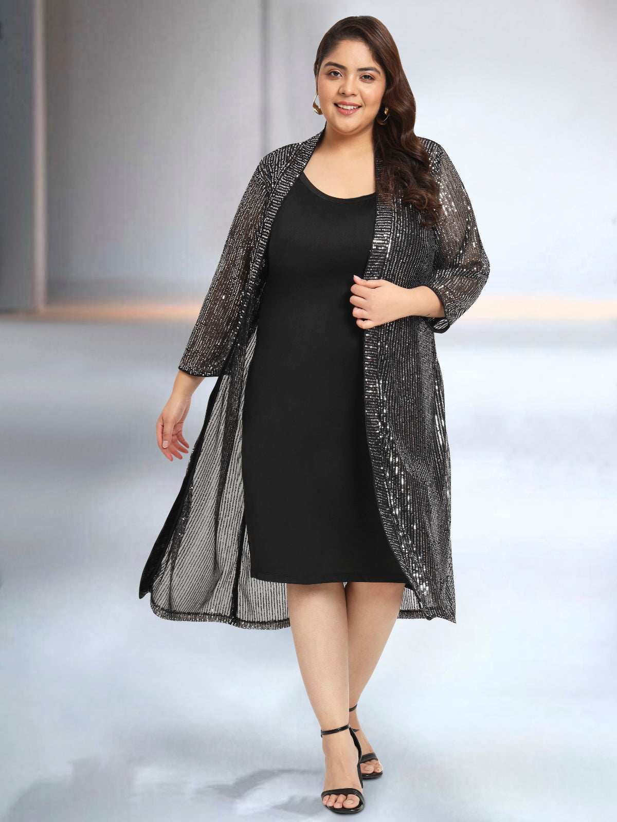 Silver Black Sequin Plus Size Shrug Dress Set