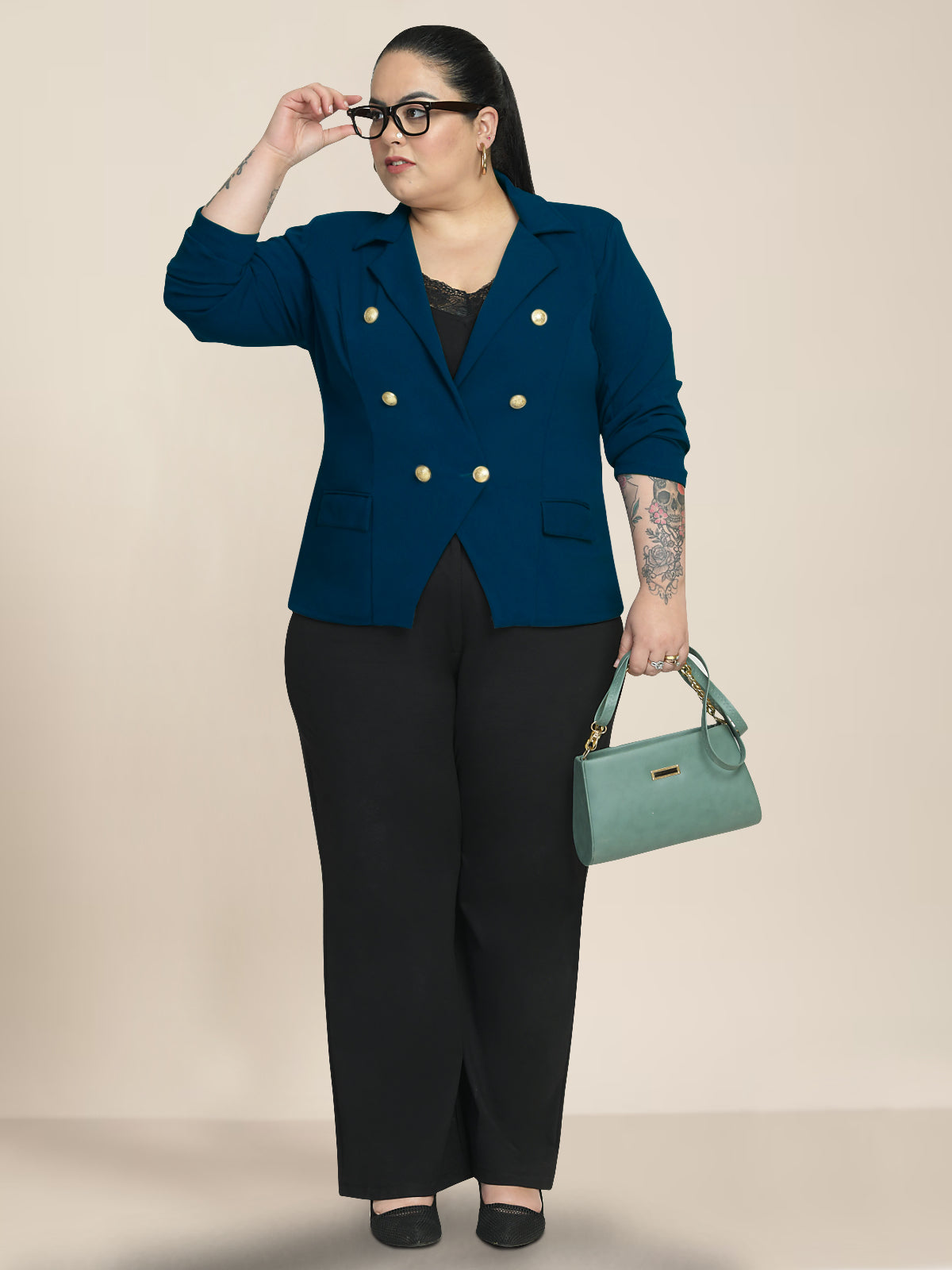 Women Turquoise Plus Size Tailored Fit Blazer