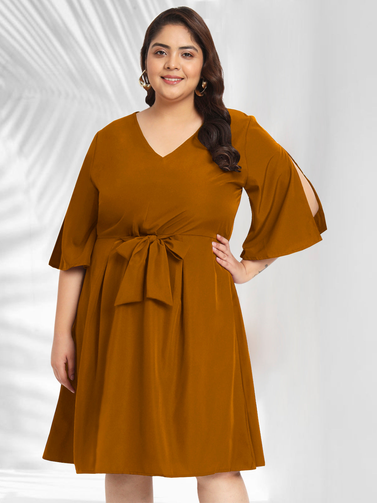 Women Mustard Plus Size Front Tie Dress