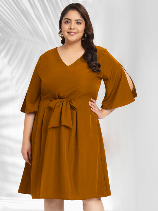 Women Mustard Plus Size Front Tie Dress