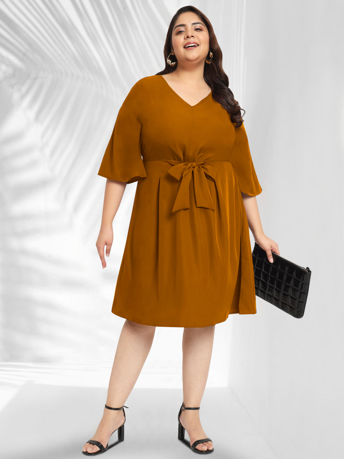 Women Mustard Plus Size Front Tie Dress