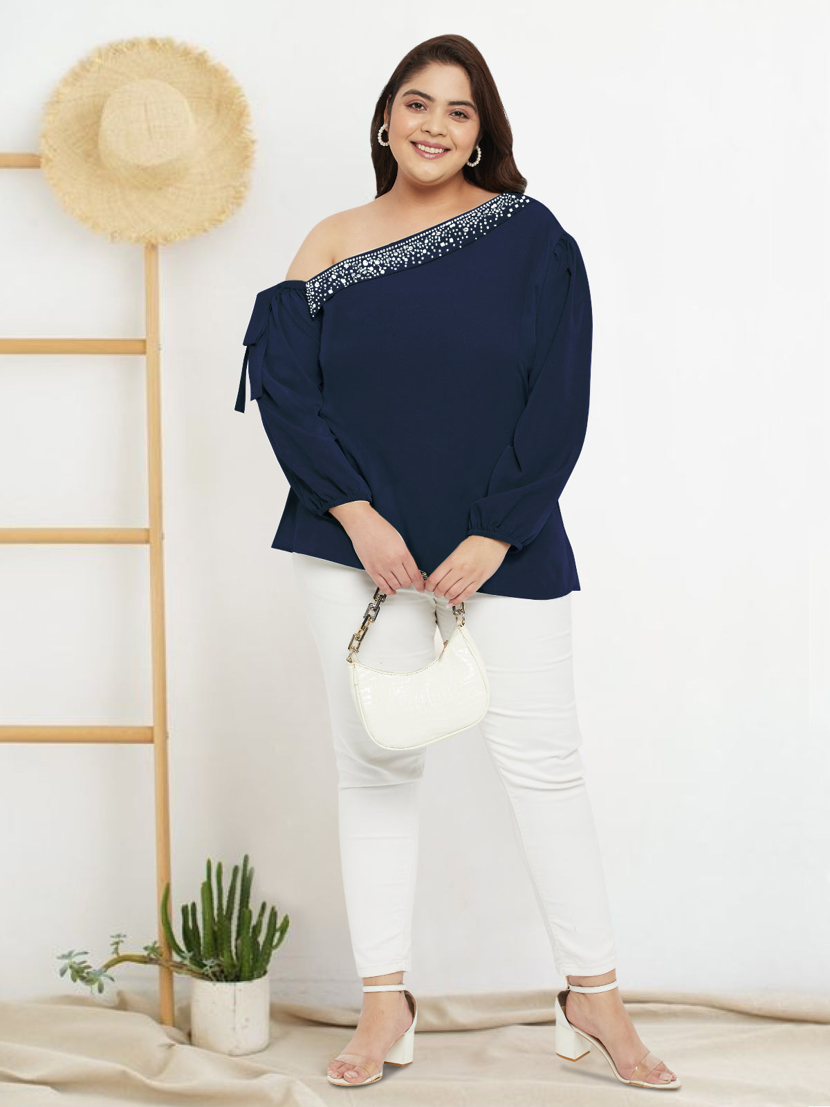 Women Black White Plus Size Buttoned Tunic Top