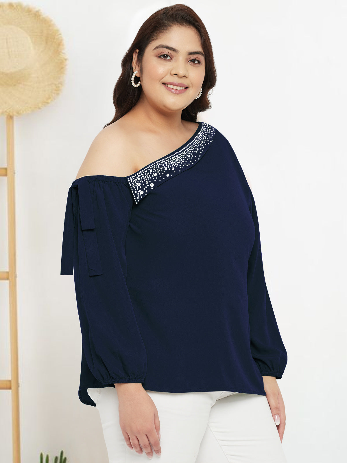 Women Black White Plus Size Buttoned Tunic Top