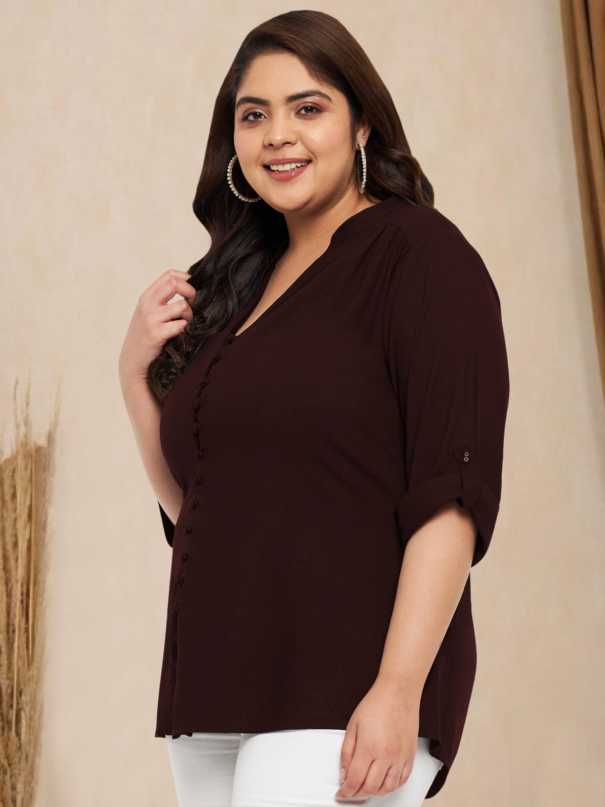Women Black White Plus Size Buttoned Tunic Top