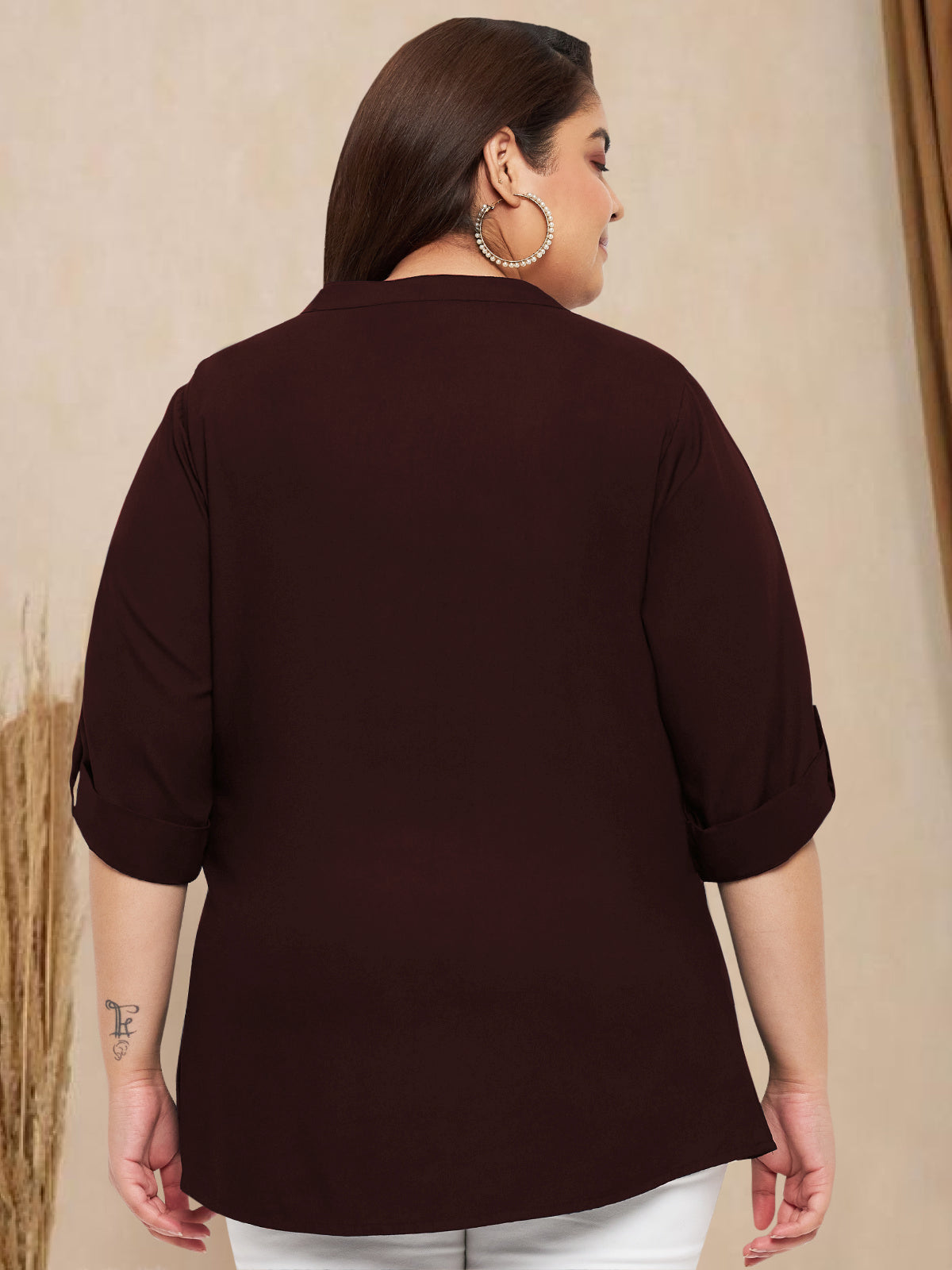 Women Black White Plus Size Buttoned Tunic Top