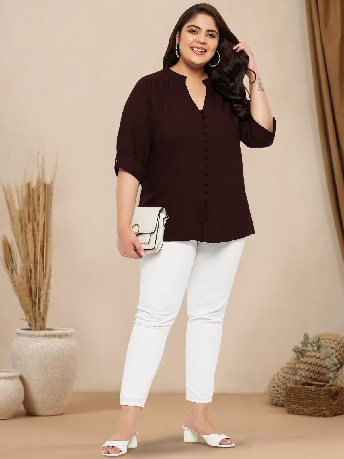 Women Black White Plus Size Buttoned Tunic Top