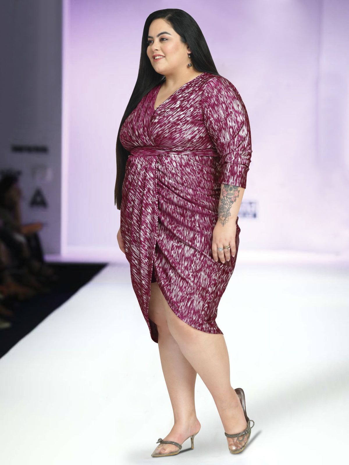 Women Wine Silver Plus Size Pleated Drape Dress