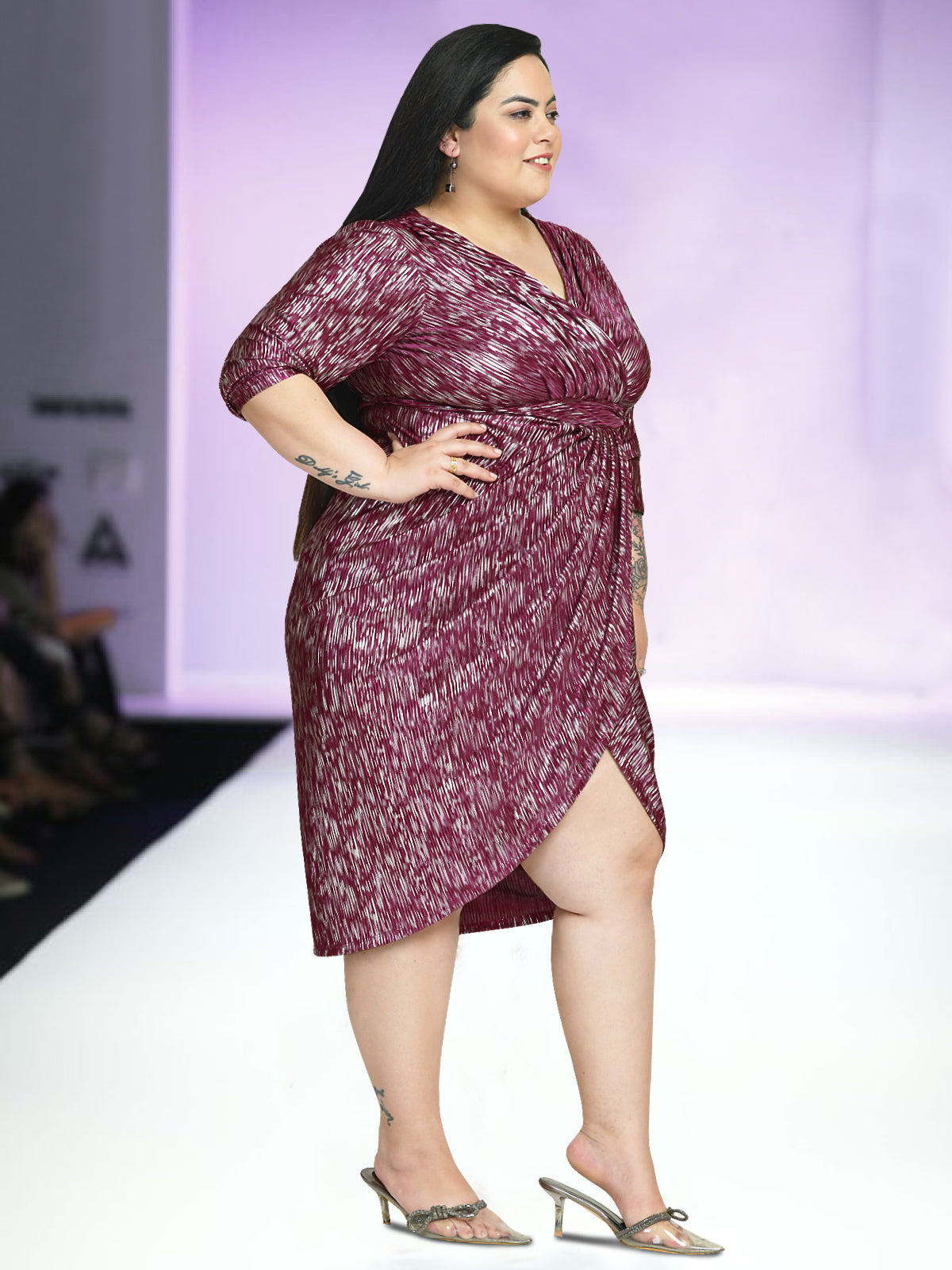 Women Wine Silver Plus Size Pleated Drape Dress