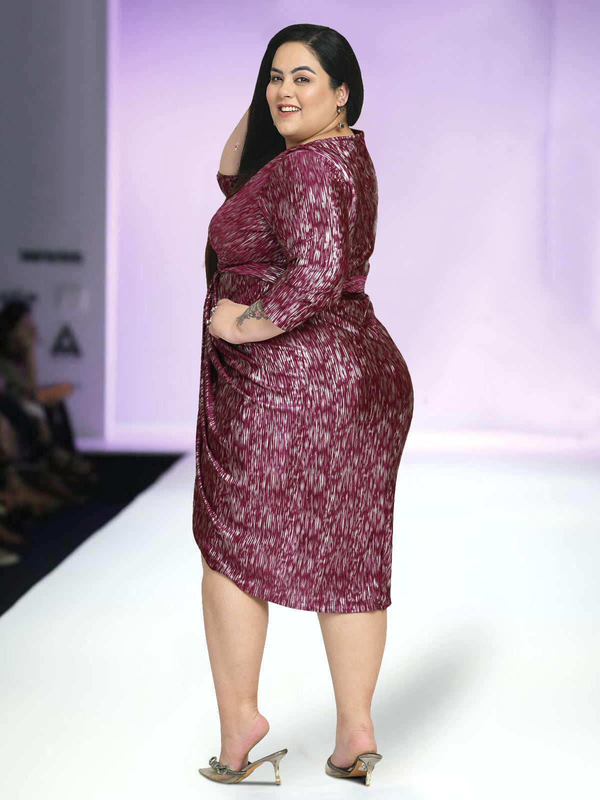 Women Wine Silver Plus Size Pleated Drape Dress