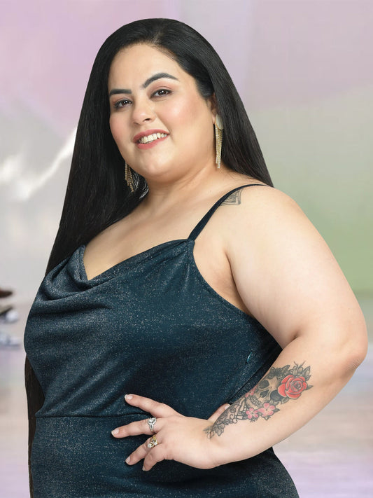 Women Green Plus Size Shimmer Cowl Neck Dress