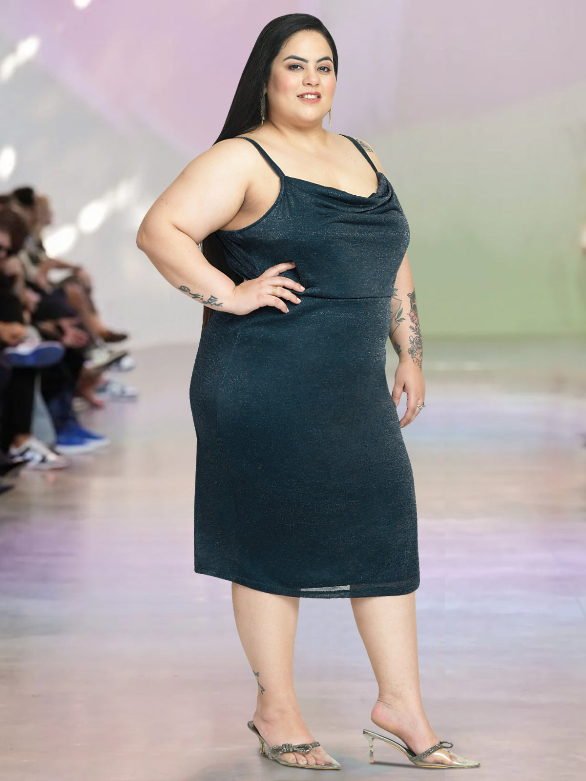 Women Green Plus Size Shimmer Cowl Neck Dress
