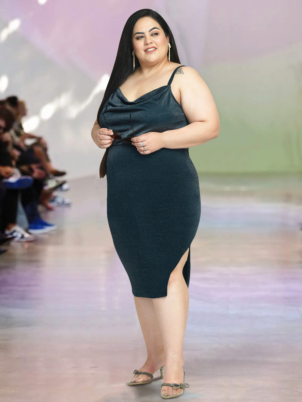 Women Green Plus Size Shimmer Cowl Neck Dress