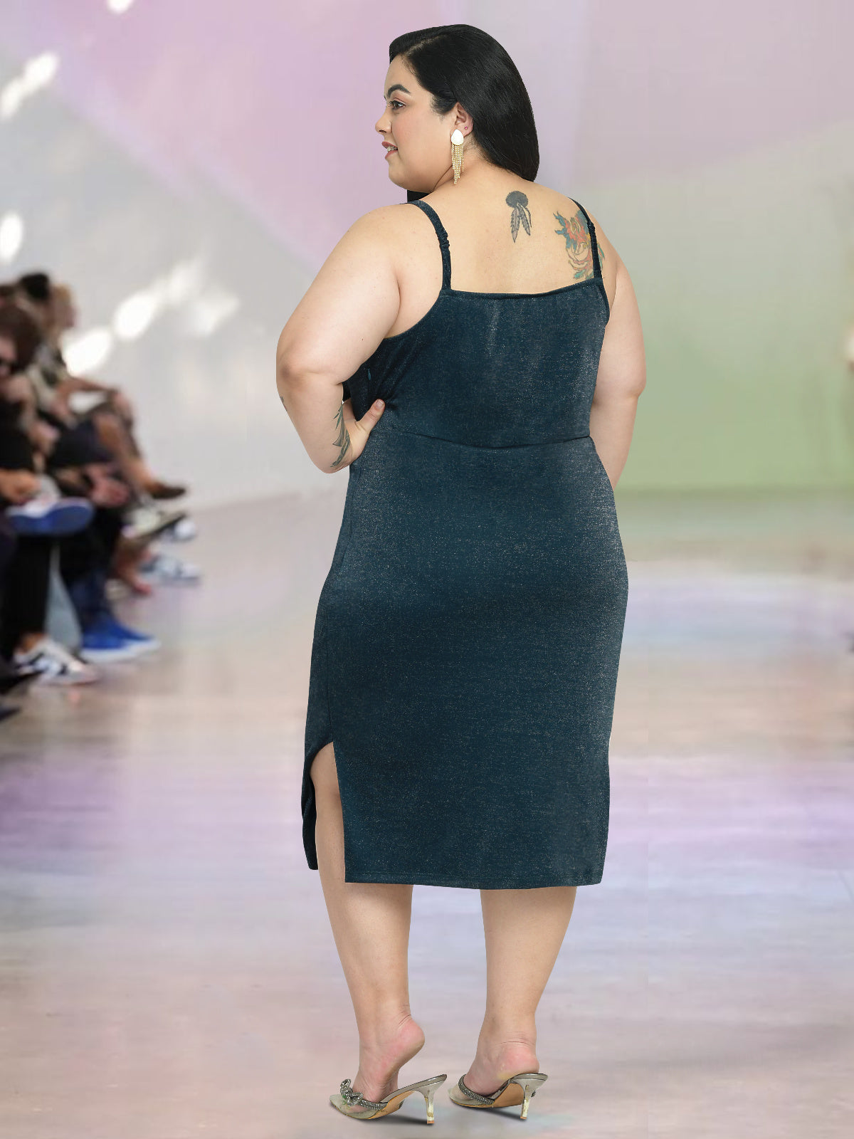 Women Green Plus Size Shimmer Cowl Neck Dress