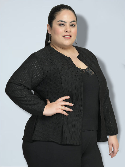 Women Black Plus Size Perforated Blazer