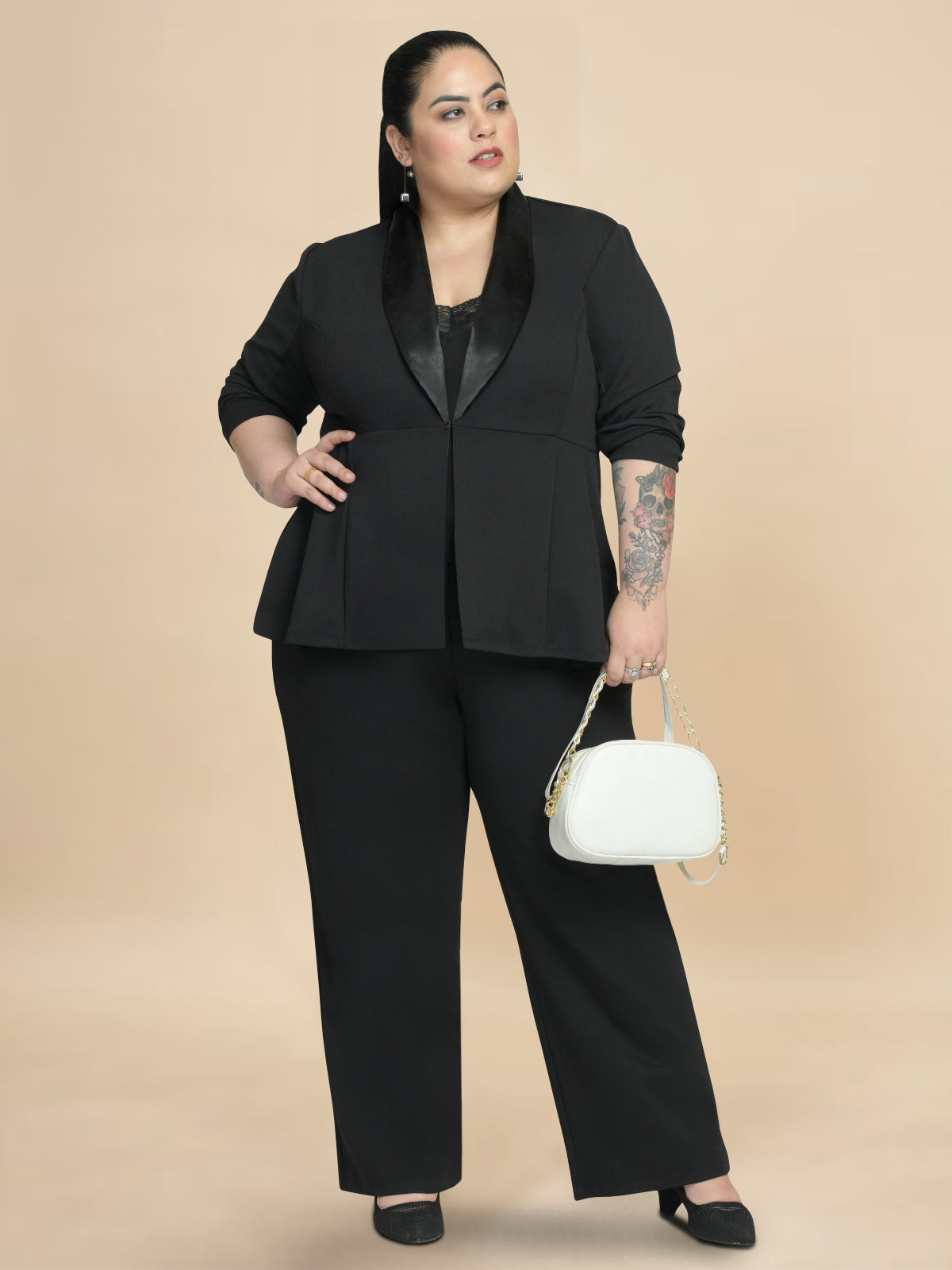 Women Black Plus Size Satin Lapel Peplum Blazer