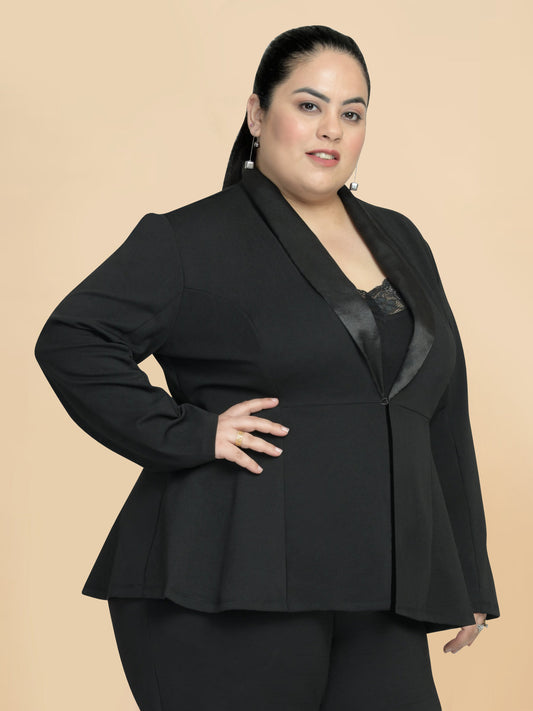 Women Black Plus Size Satin Lapel Peplum Blazer