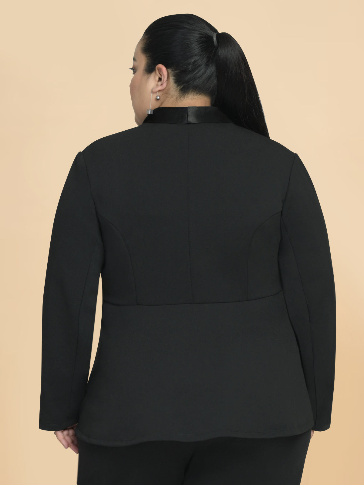 Women Black Plus Size Satin Lapel Peplum Blazer