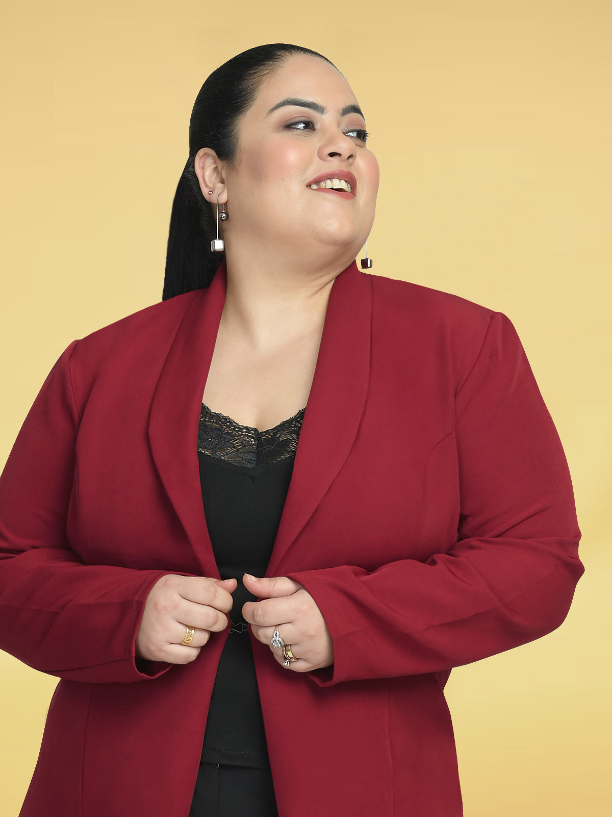 Women Red Plus Size Shawl Lapel Blazer