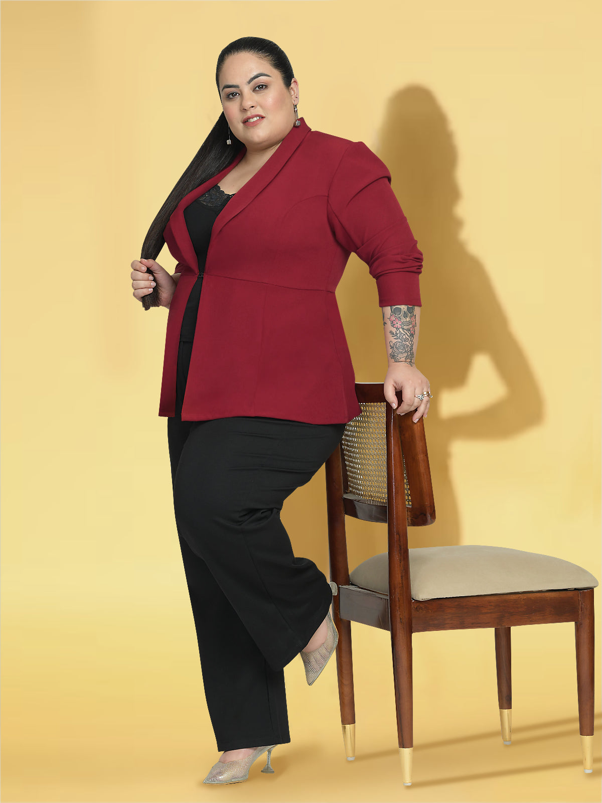 Women Red Plus Size Shawl Lapel Blazer