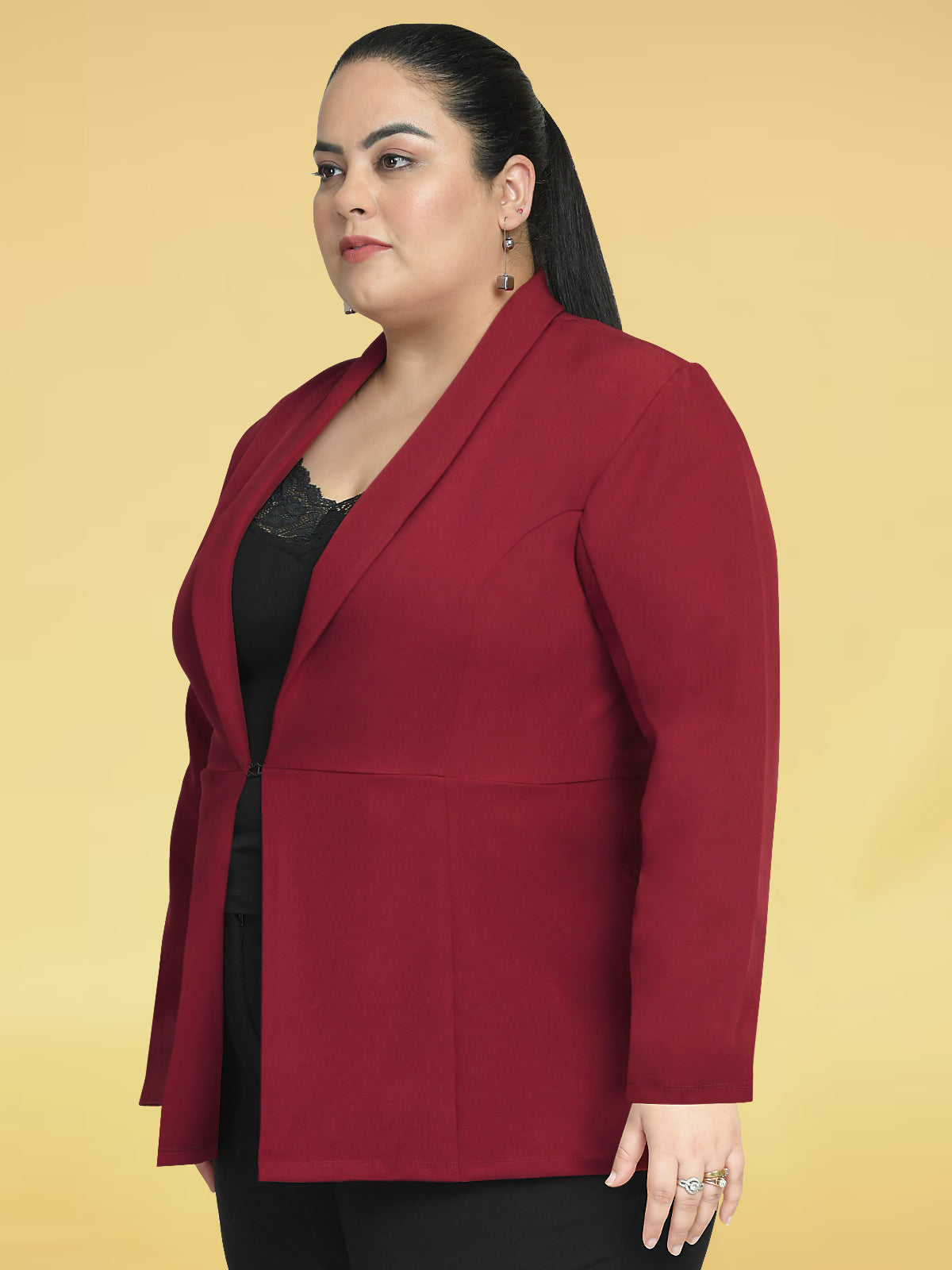 Women Red Plus Size Shawl Lapel Blazer