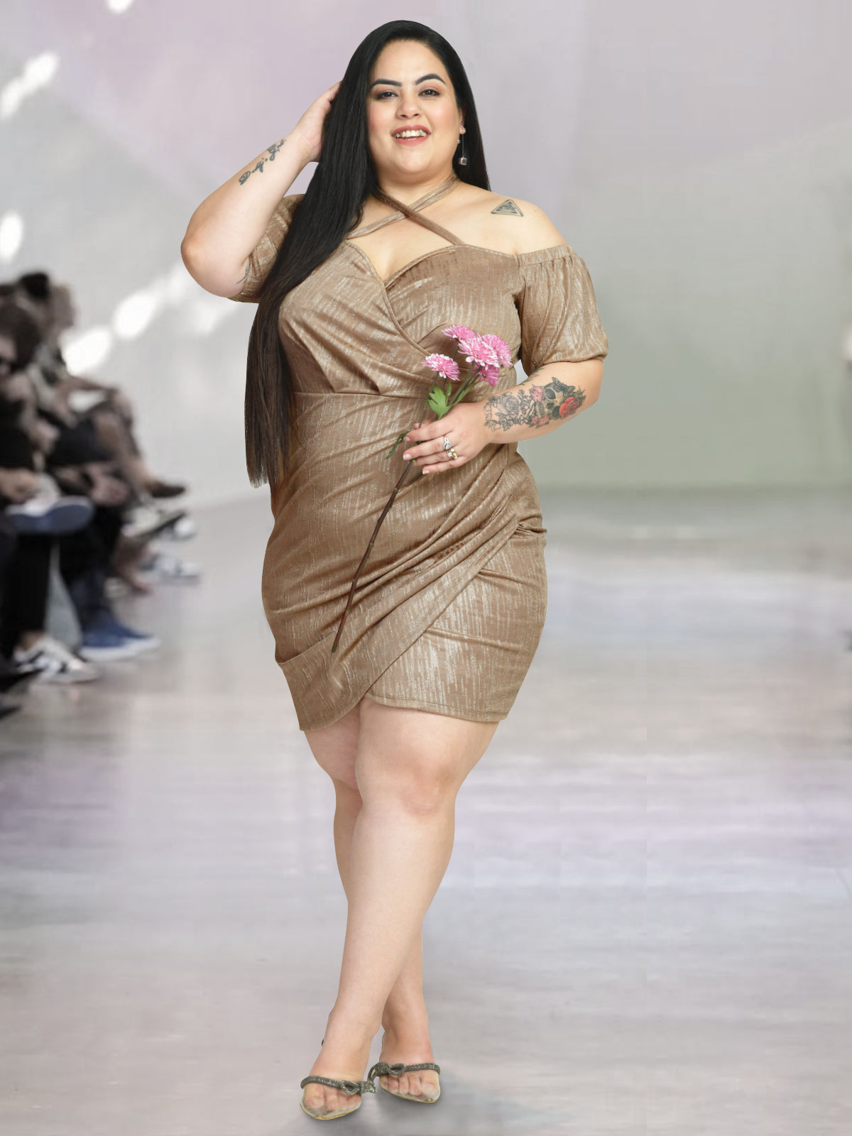 Women Beige Shimmer Plus Size Off Shoulder Wrap Dress