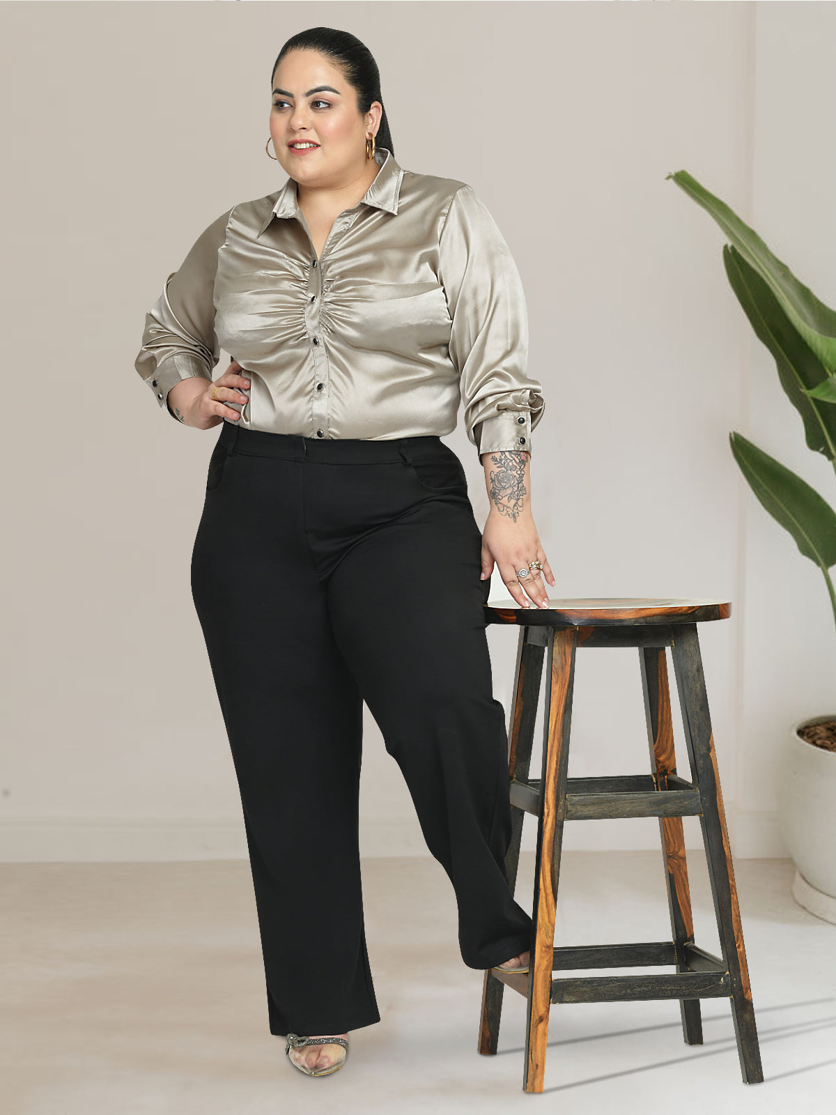 Women Black White Plus Size Buttoned Tunic Top