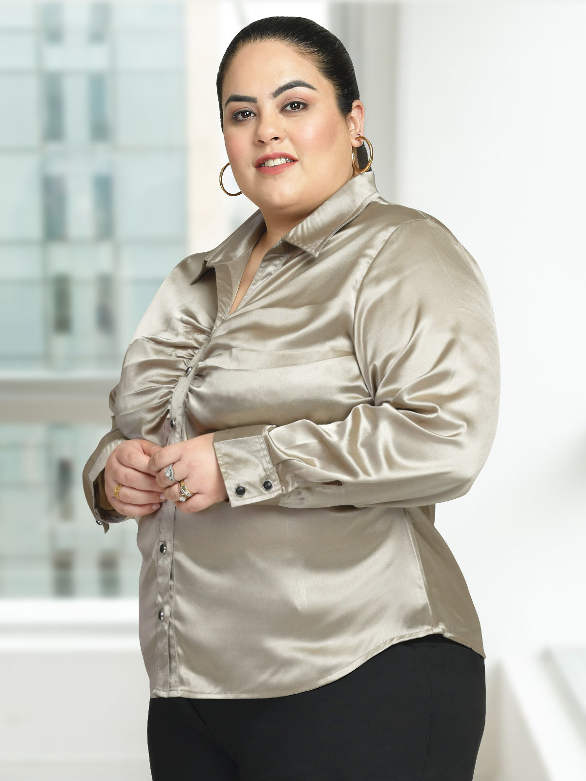 Women Black White Plus Size Buttoned Tunic Top