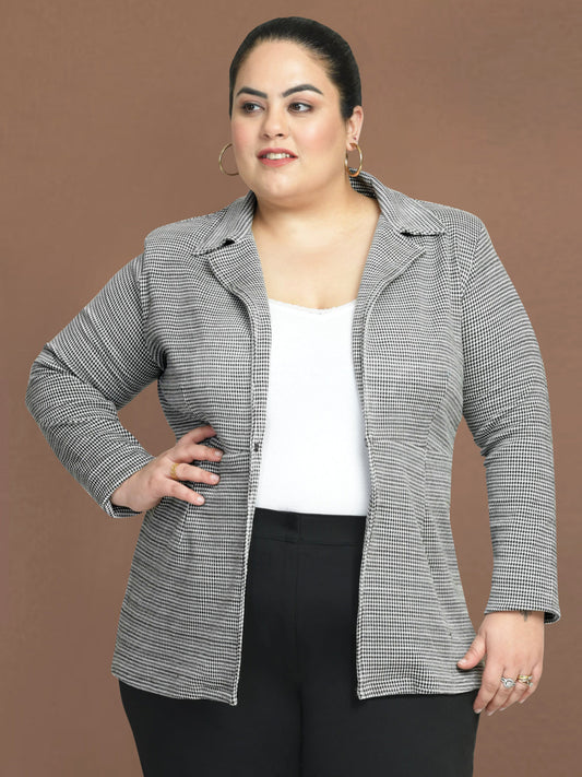 Women White Black Plus Size Stretch Houndstooth Blazer