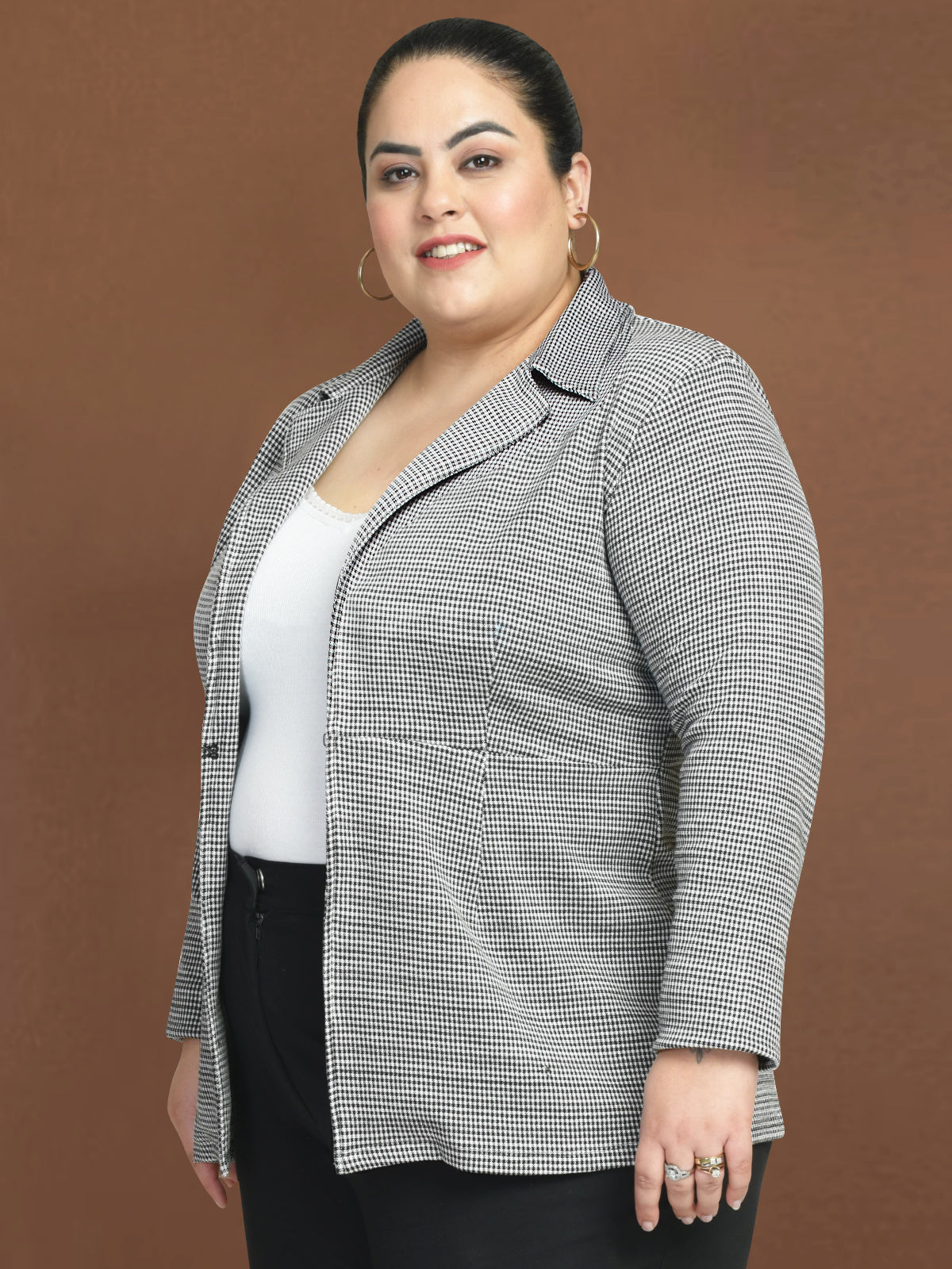 Women White Black Plus Size Stretch Houndstooth Blazer