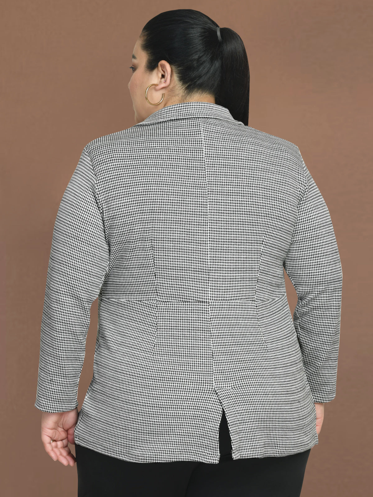 Women White Black Plus Size Stretch Houndstooth Blazer