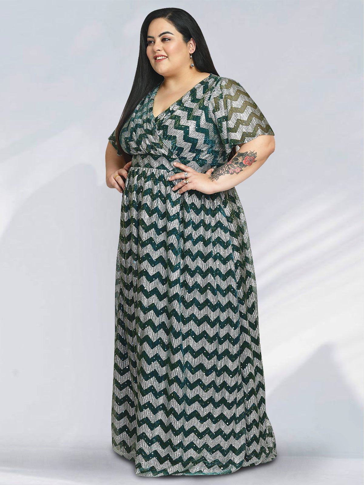 Women Blue Green Plus Size Shimmer Gown