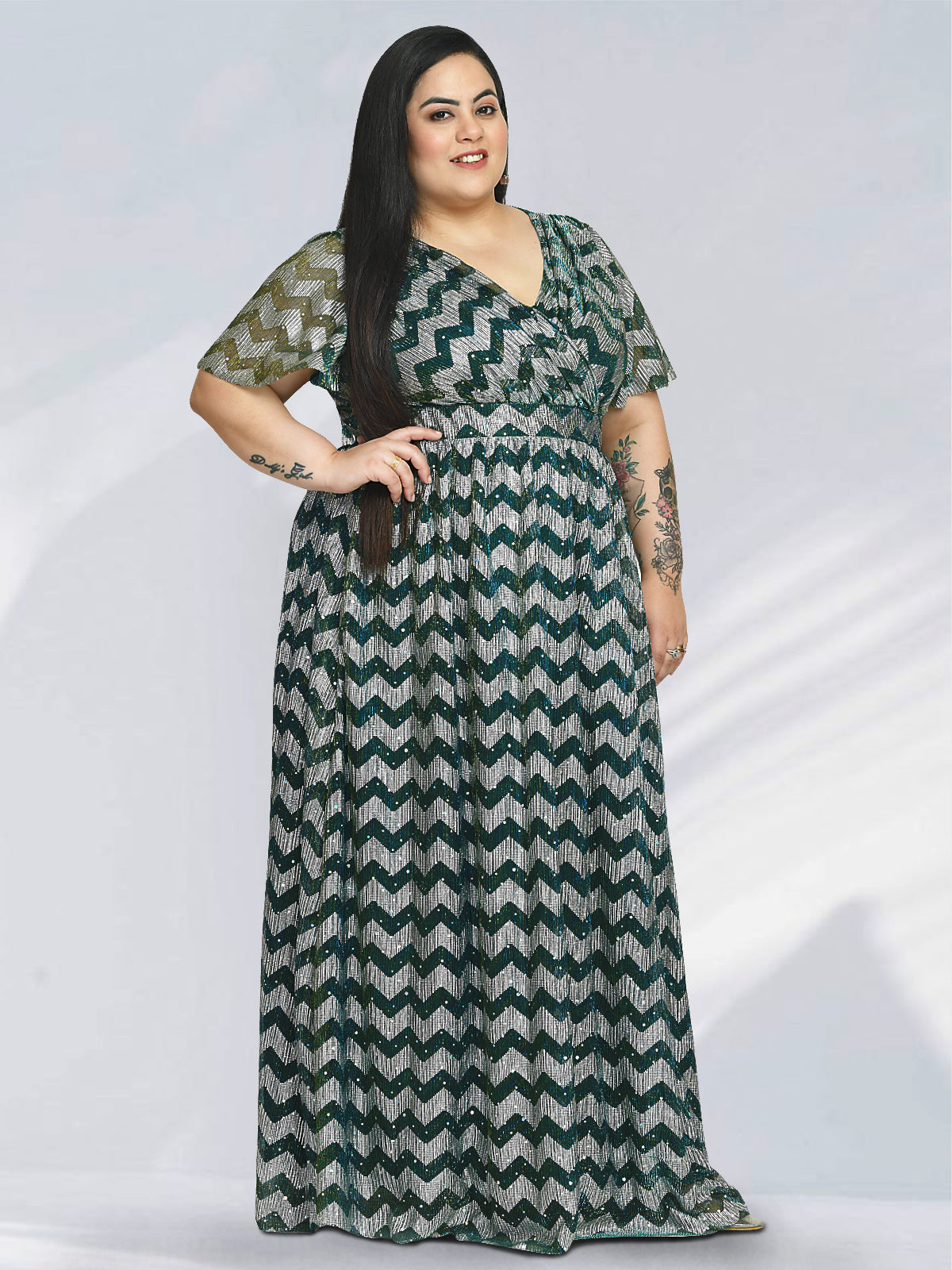 Women Blue Green Plus Size Shimmer Gown