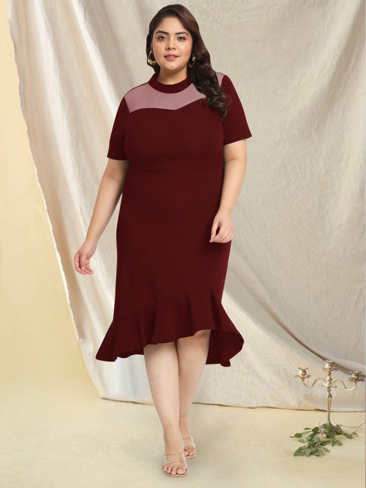 Women Maroon Plus Size Net Yoke Bodycon Dress
