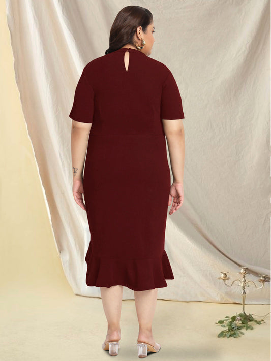Women Maroon Plus Size Net Yoke Bodycon Dress
