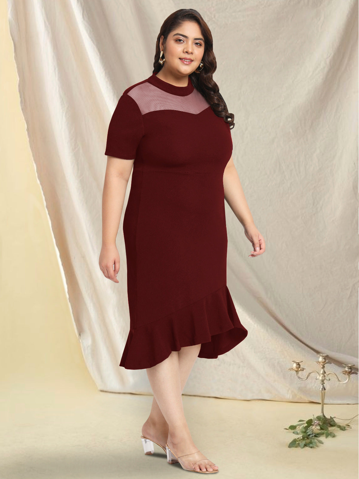 Women Maroon Plus Size Net Yoke Bodycon Dress