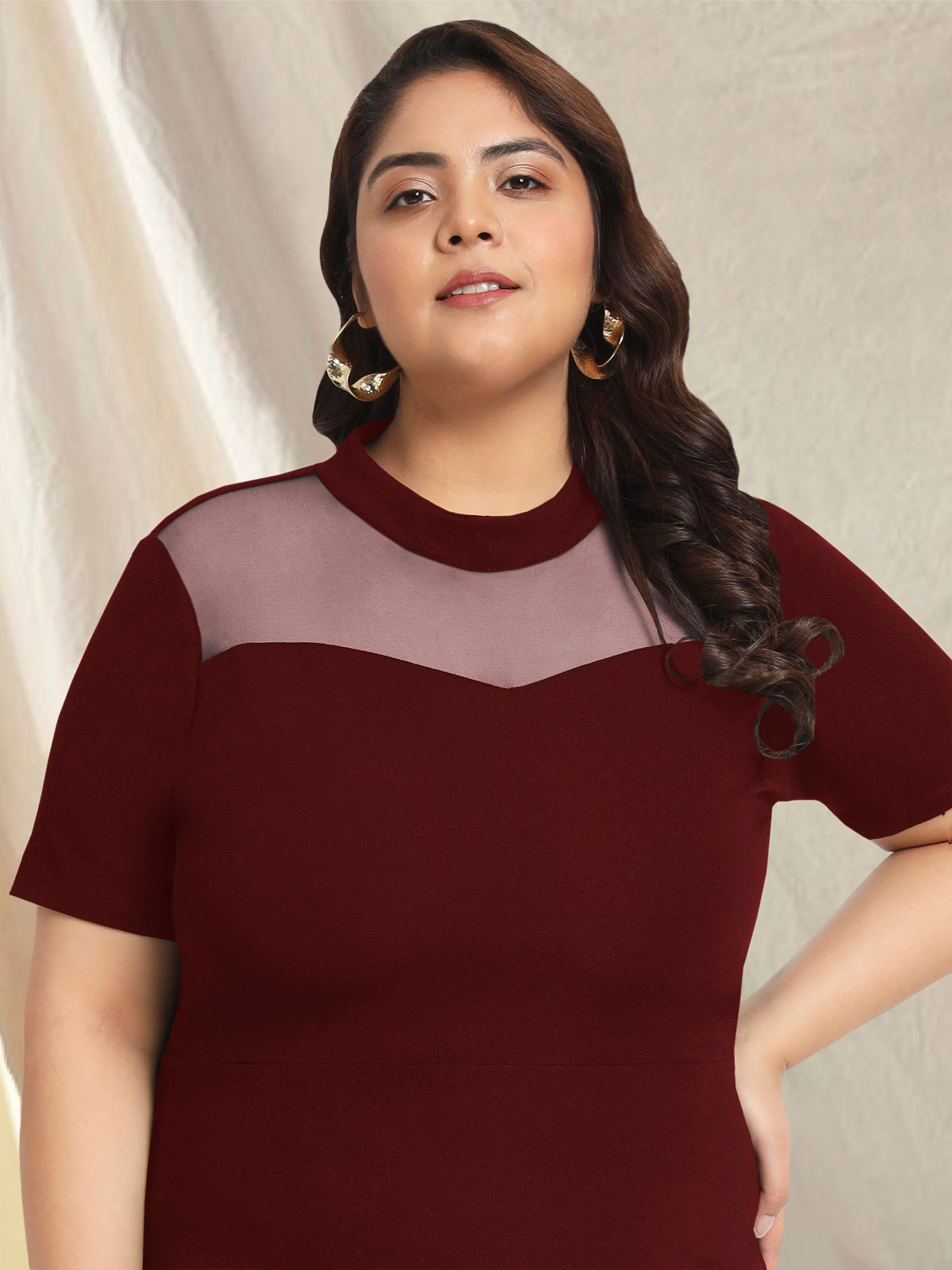 Women Maroon Plus Size Net Yoke Bodycon Dress