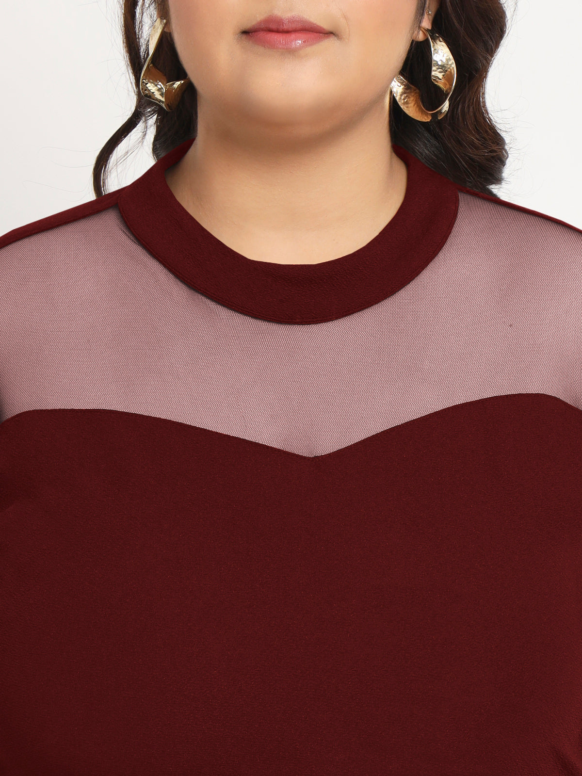 Women Maroon Plus Size Net Yoke Bodycon Dress