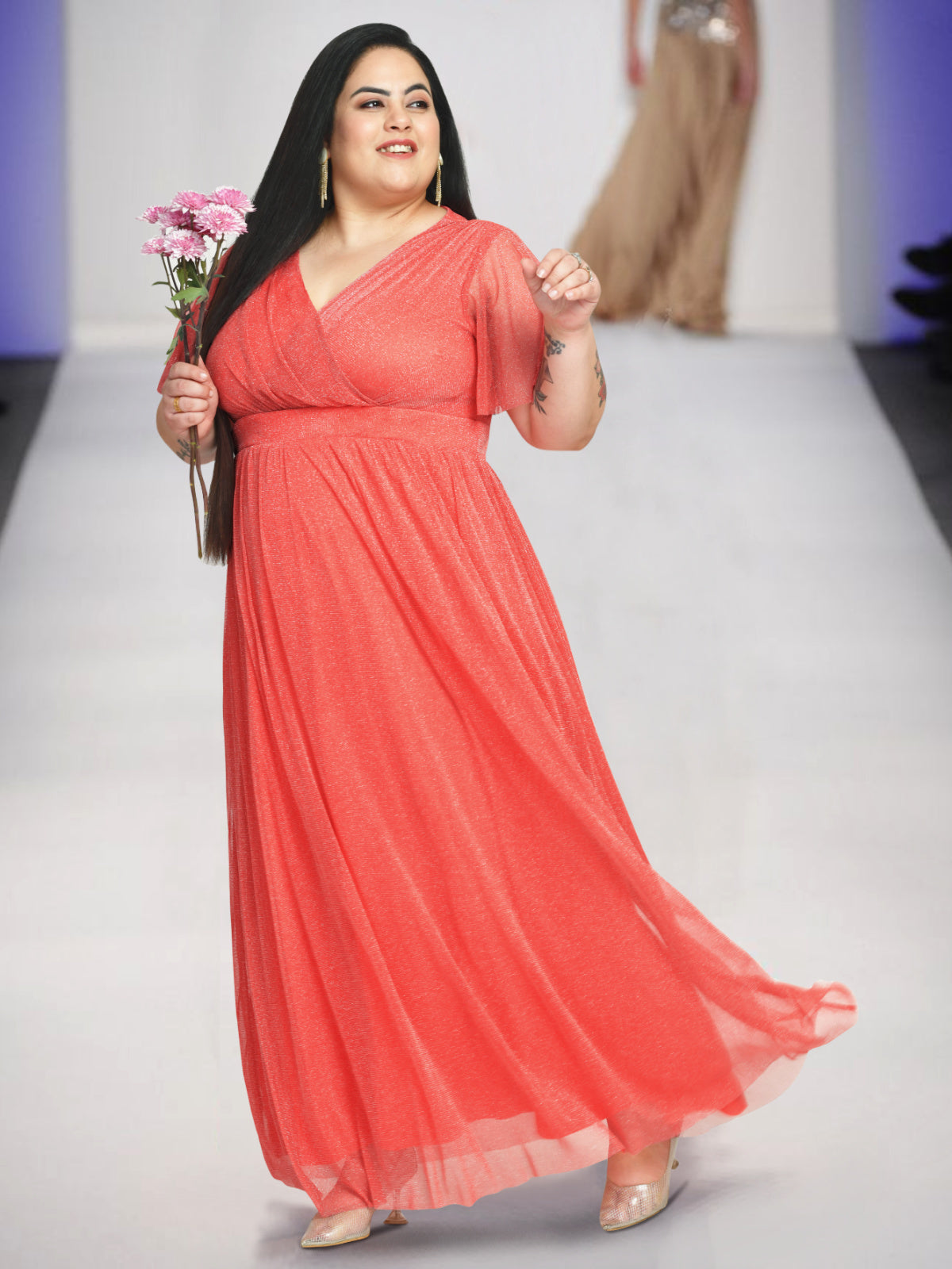 Women Rose Pink Plus Size Glitter Net Gown