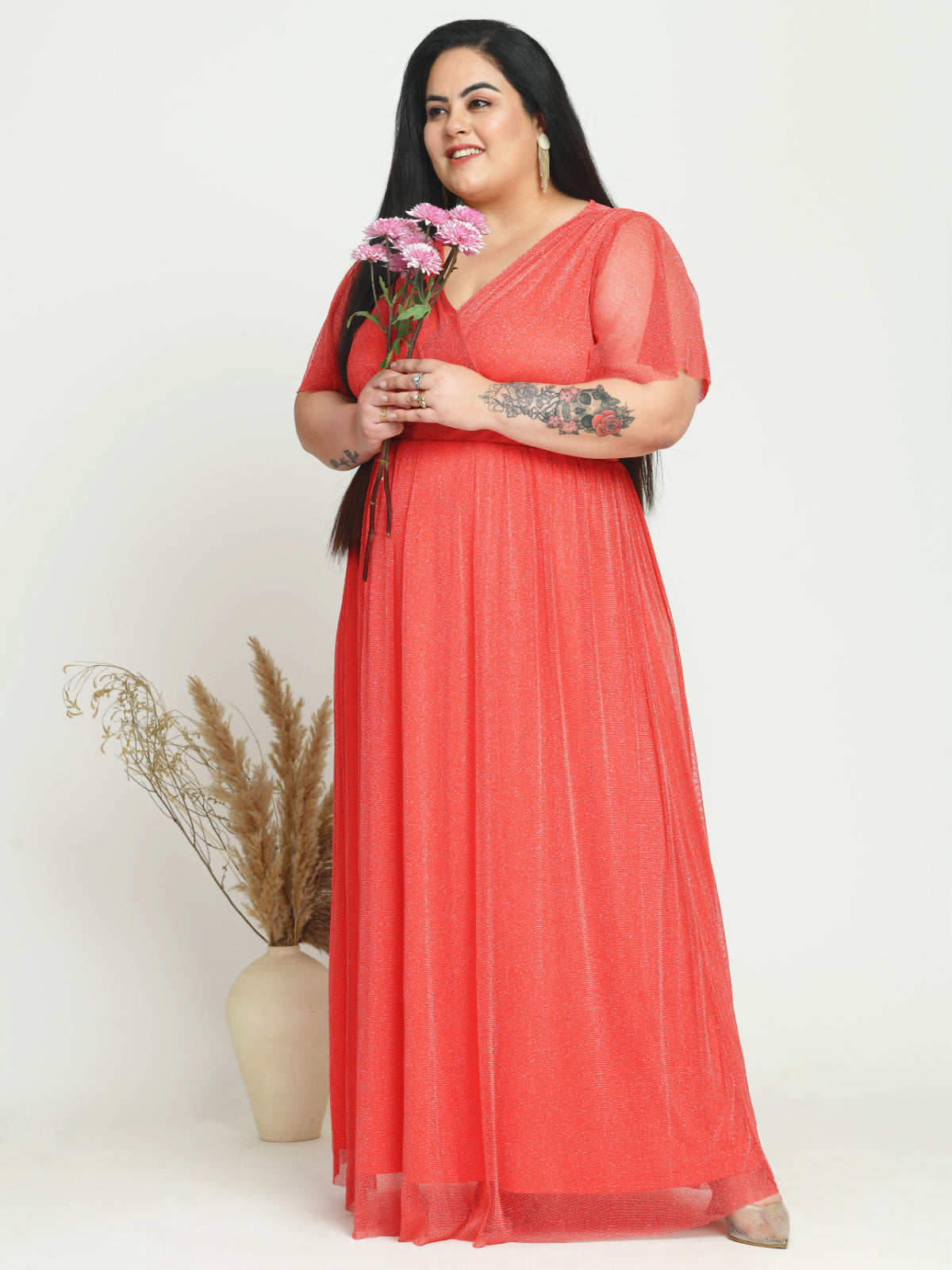 Women Rose Pink Plus Size Glitter Net Gown