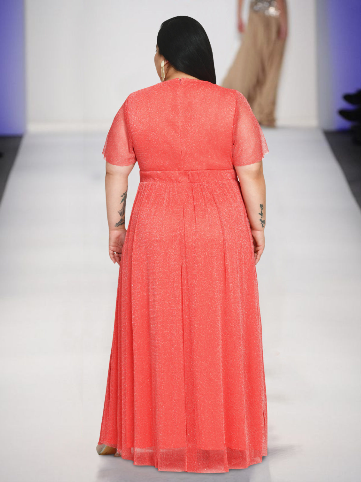 Women Rose Pink Plus Size Glitter Net Gown