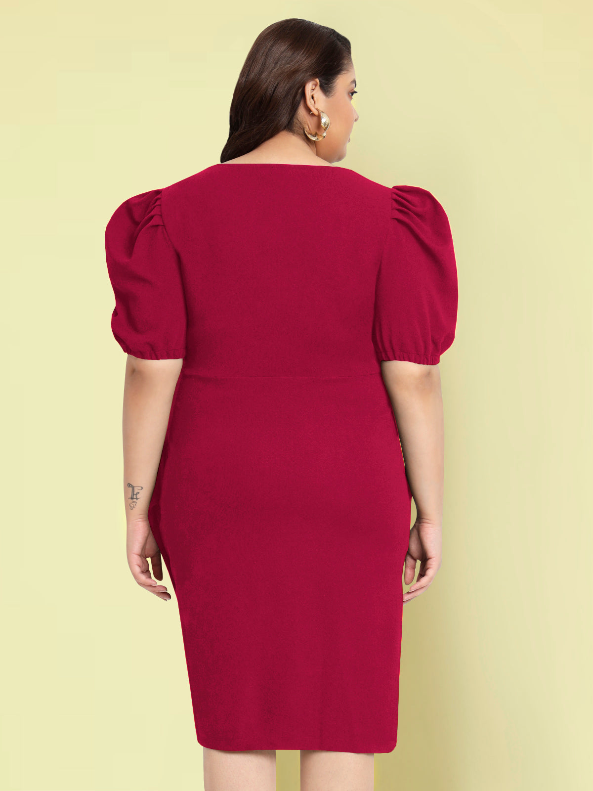 Women Fuchsia Pink Plus Size Puff Sleeve Dress