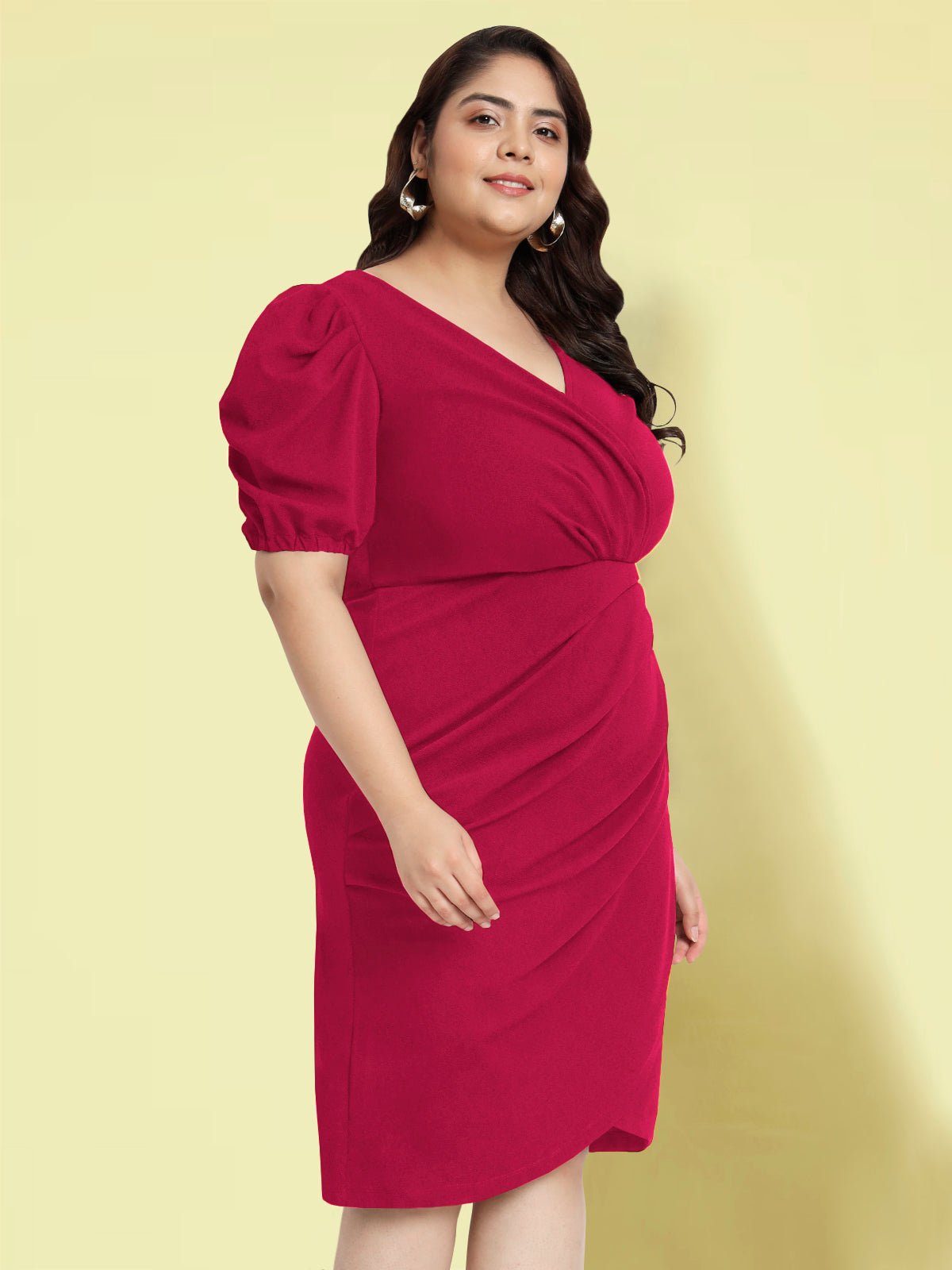 Women Fuchsia Pink Plus Size Puff Sleeve Dress