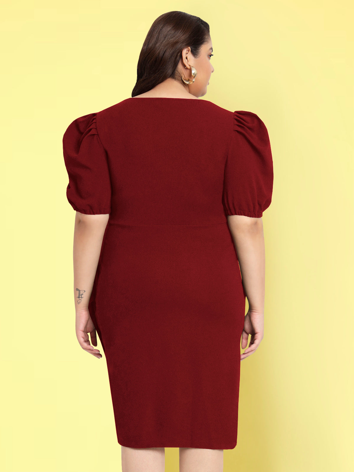 Women Maroon Plus Size Puff Sleeve Dress