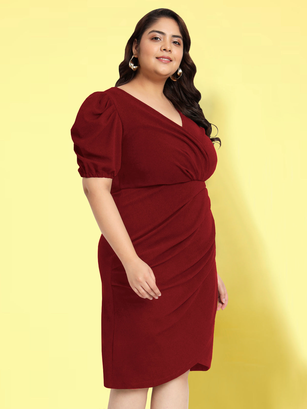 Women Maroon Plus Size Puff Sleeve Dress