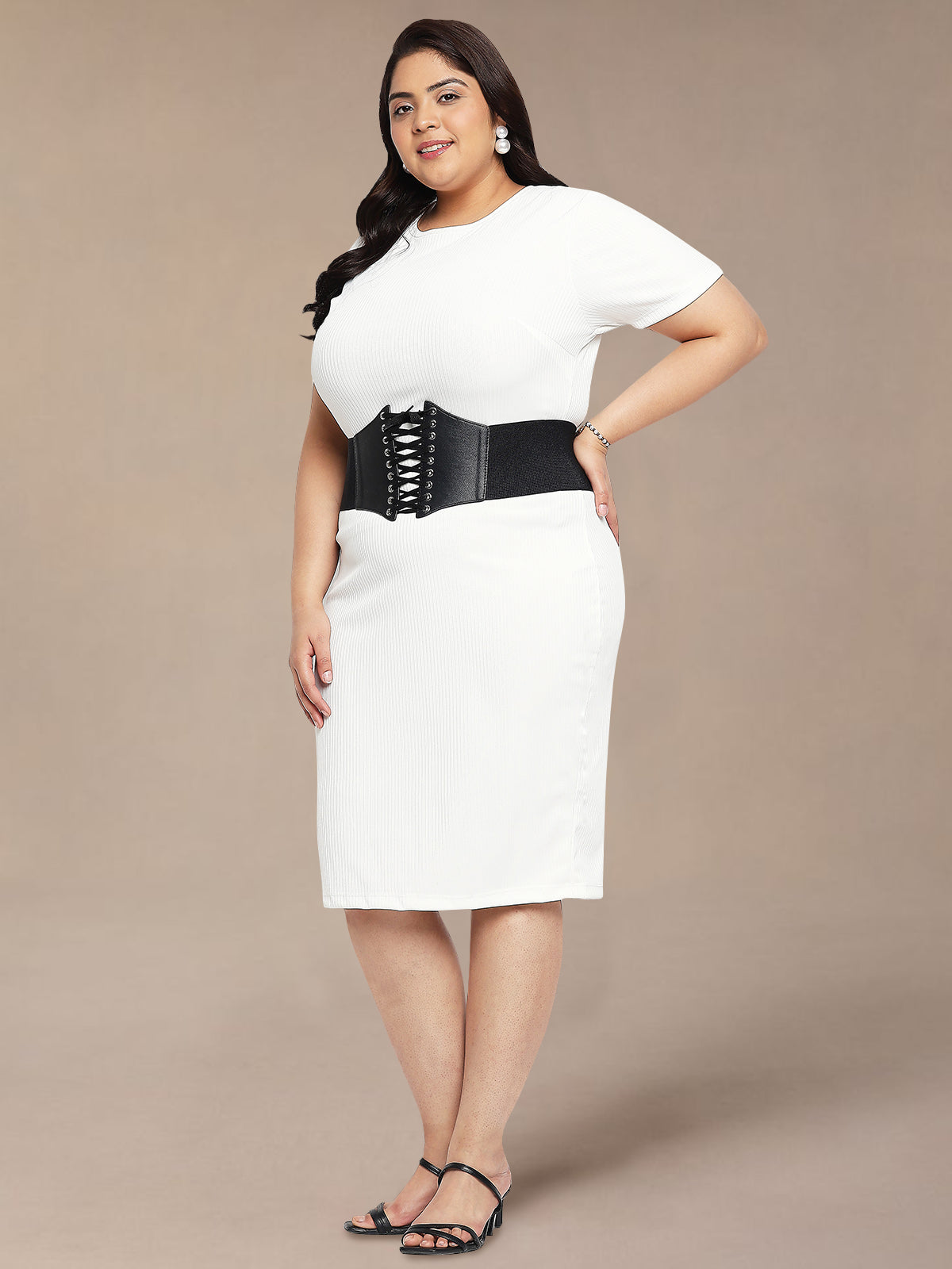 White Plus Size Rib Bodycon Dress with Belt