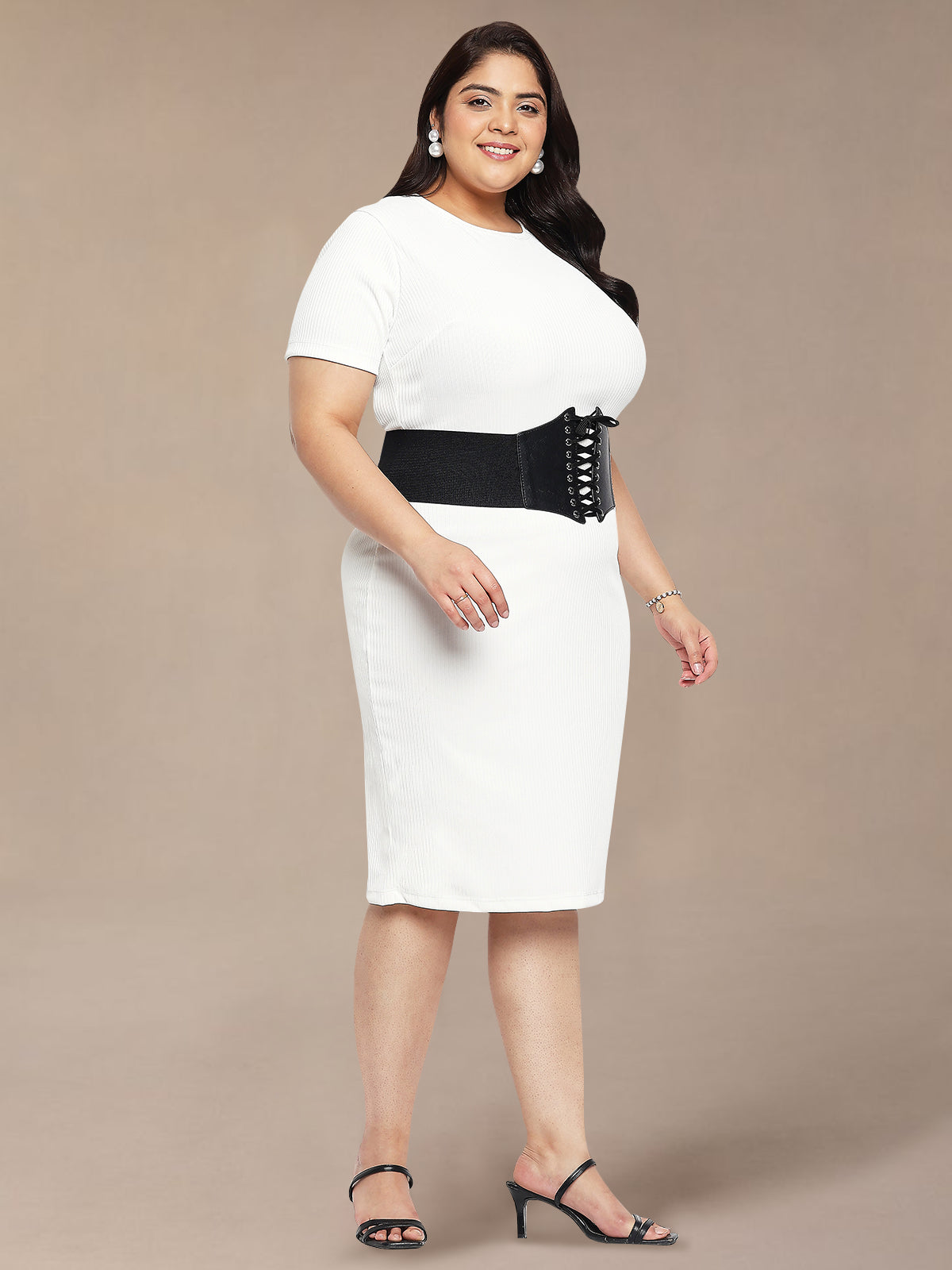 White Plus Size Rib Bodycon Dress with Belt