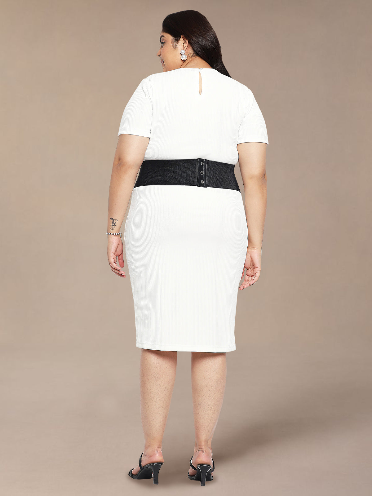 White Plus Size Rib Bodycon Dress with Belt