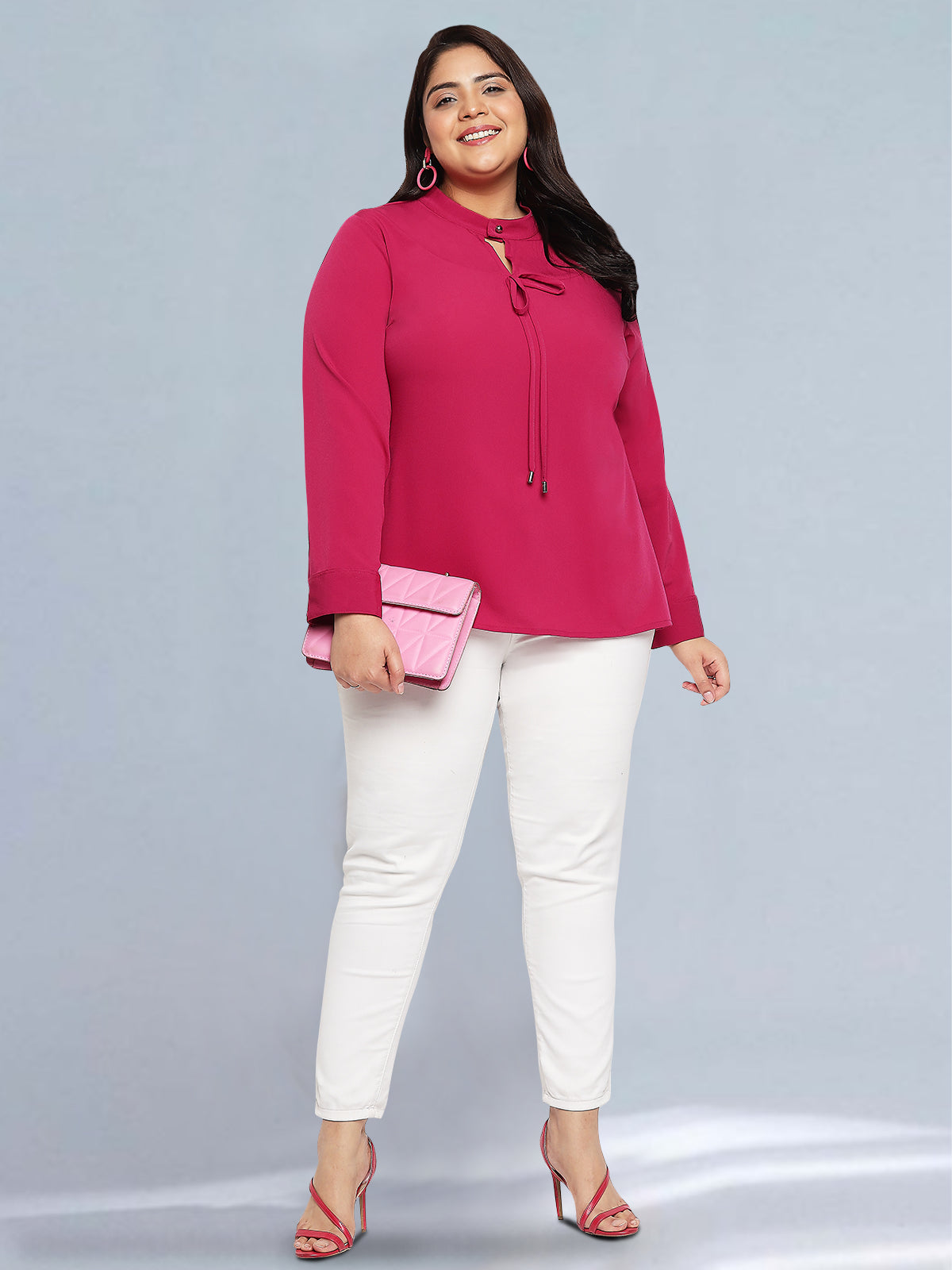 Women Black White Plus Size Buttoned Tunic Top