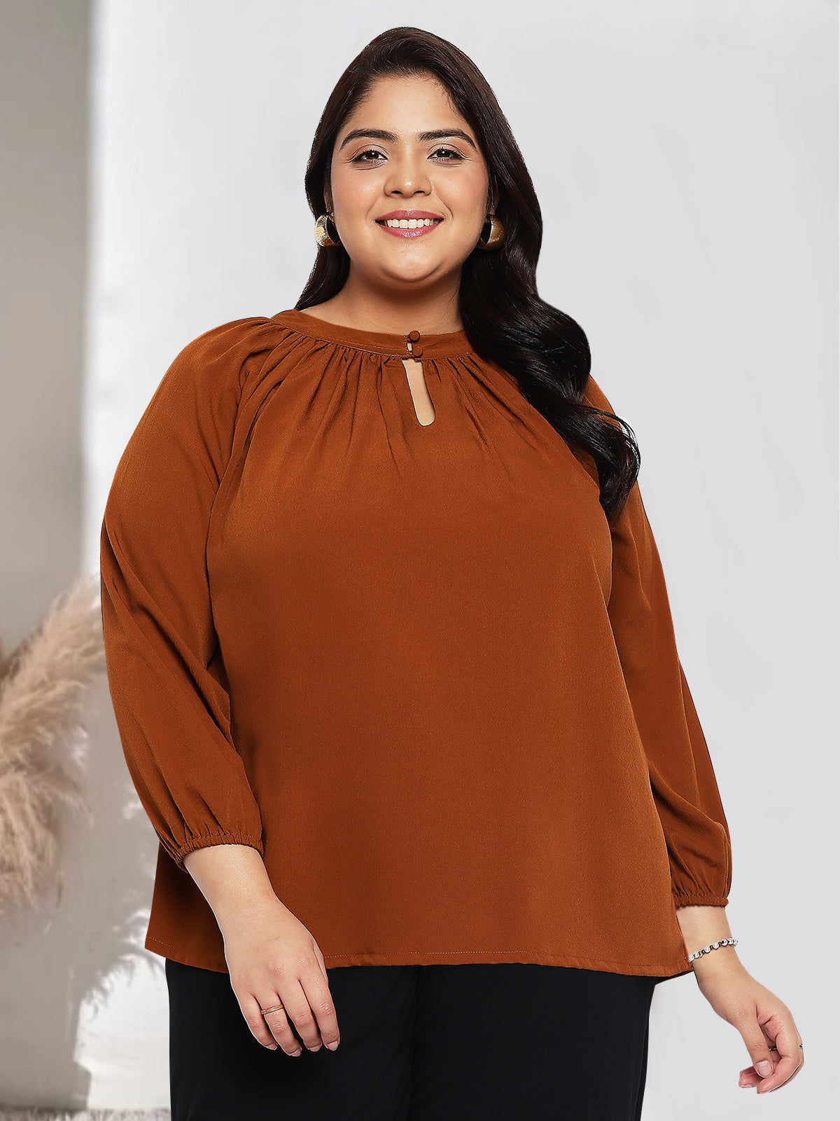 Women Black White Plus Size Buttoned Tunic Top